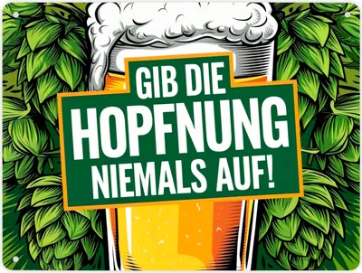 Produktbild von Bierglas mit Hopfen Metallschild XL in 21x28 cm - Gib die Hopfnung niemals auf