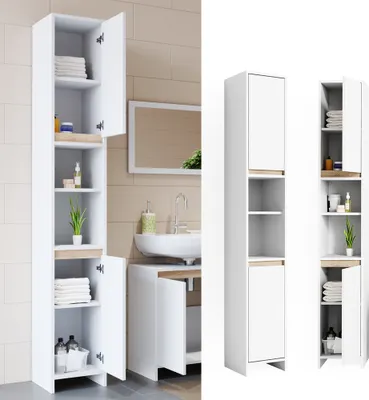 A collage of images showing a white bathroom cabinet with wood accents, both open and closed, and in a bathroom setting.