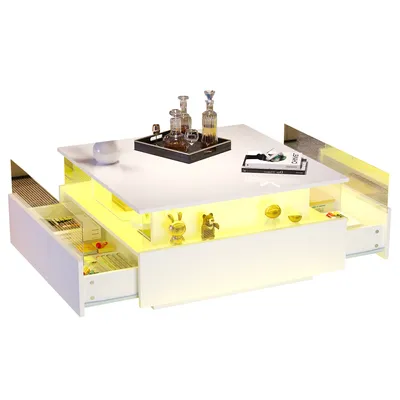 Image de Table basse LED 70 x 70 x 41 cm avec 2 tiroirs et un compartiment de présentation transparent – Capacité de charge jusqu'à 30 kg, idéale pour les salons élégants,