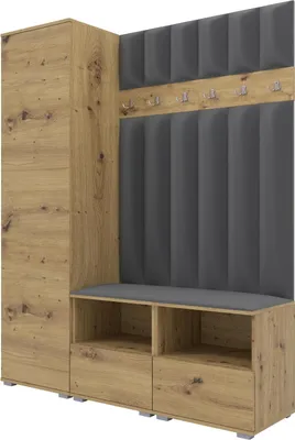 Produktbild von Garderoben-Set Nela II LUX, gepolsterte Garderobe 150 cm mit Doppel-Sitzbank, Wandpaneelen und Stauraum (Farbe: Artisan Eiche + Trinity 15)