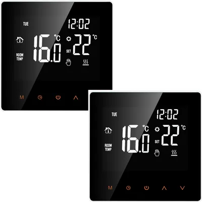Two digital thermostats are shown side-by-side against a white background.