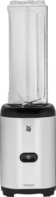 A silver and black blender with a clear container.