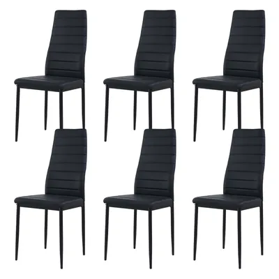 Six black dining chairs arranged in two rows of three against a white background.
