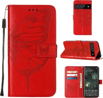 Produktbild von Google Pixel 6 Pro Hülle, Schmetterling Prägung Flip Leder Kartenfächer Schutzhülle Ledertasche mit Ständer für Google Pixel 6 Pro Rot