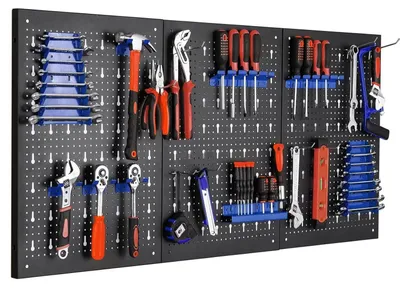 Produktbild von Wandorganizer Werkzeugwand - Metall Lochwand Pegboard - 120 x 60 x 2 cm - Werkzeugaufbewahrung für Garage und Werkbank - Set mit 17 Zubehörteilen - Blau