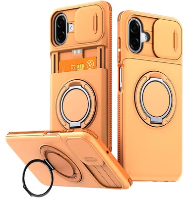 Image de Coque de protection pour téléphone avec porte-cartes pour Samsung Galaxy A06 / A07 5G/4G, protection coulissante pour l'appareil photo, support à anneau, coque antichoc orange