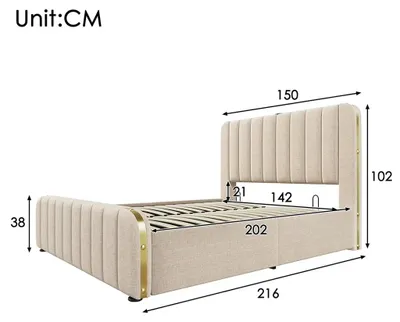 Imagen del producto de Cama tapizada - Cama de 140 x 200 cm - Beige - Funda de lino - Cabecero acolchado - Cajón de almacenamiento hidráulico - Puerto USB tipo C
