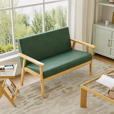 Produktbild von Dripex Sofa 2 Sitzer, Couch Modern und Skandinavisch, Loungesofa aus Holz und Kunstleder für Wohnzimmer Schlafzimmer Büro, Dunkelgrün, 107x60x77cm