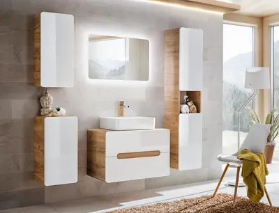 Obrázok produktu pre Design Badezimmer Möbel Bad 5tlg. Set Garnitur Schrank Waschbecken Beleuchtung
