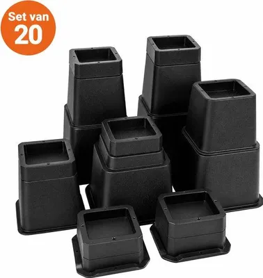 Productafbeelding van JustValue Stapelbare Meubelverhogers - 20-delige Set voor 4 Poten - Tot ca. 25,4 cm - Bedverhogers - Zwart