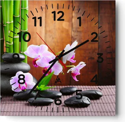 Produktbild von Wanduhr - Quadrat - Glasuhr - Bambus Dekoration Blume Orchidee - 30x30cm - Schleichendes Uhrwerk - Lautlos - zum Aufhängen bereit - Dekoration Modern - Wanddekoration aus Glas - C4AC30x30-2167