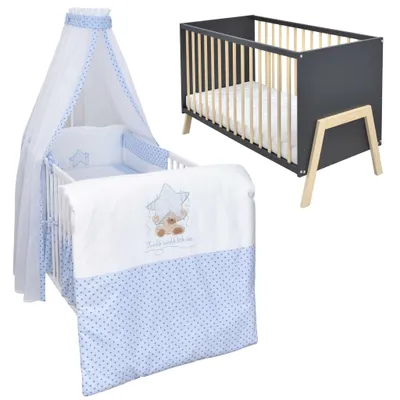 Produktbild von Babybett Kinderbett Gitterbett Juna 60x120 Anthrazit Schutzgitter Matratze Bettwäsche Set 10tlg Twinkle Star Blau