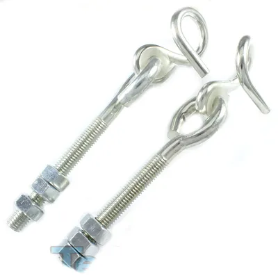 Two metal swing hooks with threaded bolts and nuts, isolated on a white background.