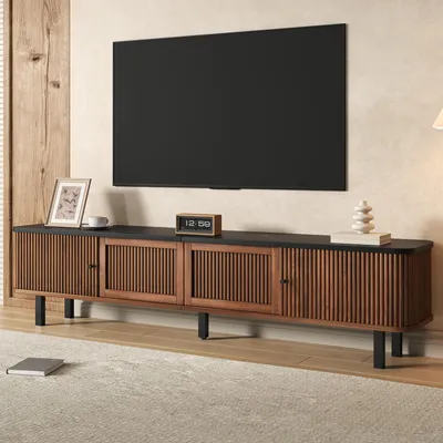 Obrázok produktu pre TV skriňa Merax s 2 posuvnými dverami a 2 mriežkovými dverami, TV lowboard s oddelenými úložnými priestormi, TV stojan s okrúhlymi úchytkami z čierneho železa, orech