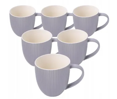 Zdjęcie produktu dla Zestaw 6 porcelanowych filiżanek do kawy, szare, 380 ml | Duże kubki do kawy z delikatną żłobkowaną fakturą | Nowoczesny zestaw filiżanek do herbaty | Można myć w zmywarce i używać w kuchence mikrofalowej