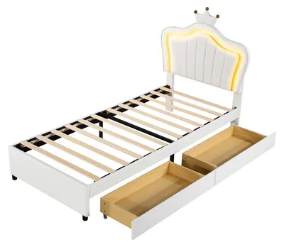 Produktbild von Gepolstertes Einzelbett für Mädchen in Kronenform mit Stauraumschubladen,LED-Beleuchtung am Kopfteil und hoher Tragfähigkeit