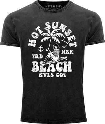 Produktbild von Herren Vintage Shirt Hot Sunset Beach Surfbord Sommer Urlaub Printshirt T-Shirt Aufdruck Used Look Neverless® schwarz S