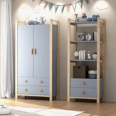 Produktbild von Merax Kinder-Kleiderschrank Satz, Kinderzimmer Kleiderschrank und Standregal Bücherregal, mit 2 Türen, 4 Schubladen, Kleiderstange,  4 Ebenen, Blau