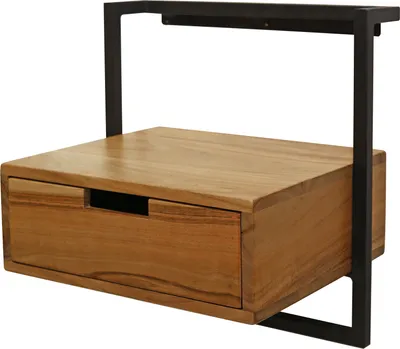 A floating nightstand with a wooden drawer and a black metal frame against a white background.