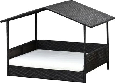 Produktbild von PawHut Rattan Hundehaus mit Kissen, Hundebett im Hausform, Outdoor Hundehütte, Stahlrahmen, Kunststoff, Kaffee-Braun, 69 x 98 x 70 cm