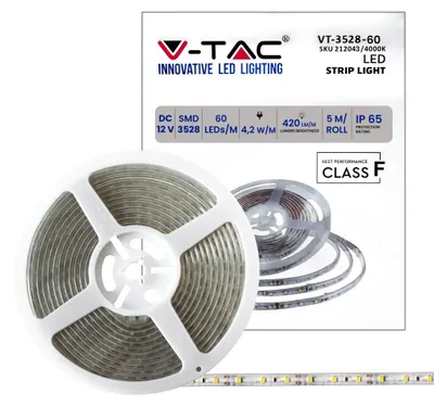 Immagine prodotto di Striscia led 300LED 5W/M SMD3528 strip 5Mt IP65 impermeabile - Mod - VT-3528 IP65 - SKU 212043 - 4000K