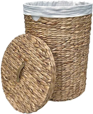Image de Panier à linge Lavandoux avec couvercle – En vannerie naturelle de jacinthe d'eau – Ø35 x H50 cm – Sac à linge blanc amovible – Taille moyenne