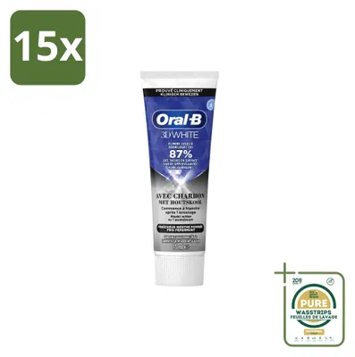 Zdjęcie produktu dla 15 sztuk pasty do zębów Oral-B 3D White z węglem aktywnym - wybielająca i głęboko czyszcząca - 75 ml - zestaw ekonomiczny