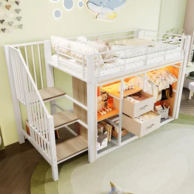 Produktbild von STILVORA Hochbett 90×200 mit Schubladen&Kleiderschrank,Jugendbett Kinderbett mit LED-Beleuchtung,Bettgestell mit Staufächer,mit Matratze,weiß