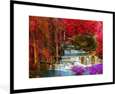Produktbild von MuchoWow® Gerahmtes Poster Wasserfall - Rosa - Bäume 90x60 cm - Poster mit Schwarzem Bilderrahmen Wandposter Rahmen Foto Bilder - Wanddekoration - Fotos