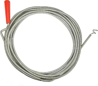 A coiled drain snake with a red handle against a white background.