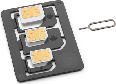 A set of SIM card adapters and a SIM ejector tool are displayed on a white background.