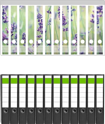 Produktbild von Wallario 12 Stück schmale Ordner inkl. Klebeetiketten mit Motive Lila Blumenfreude - Violette Pflanzen auf der Wiese -  Set mit Rückenschildern / Ordnerrücken Stickern