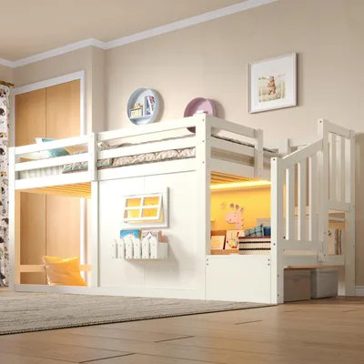 Zdjęcie produktu dla Łóżko piętrowe 90x200 cm z podświetleniem LED, łóżko dziecięce w kształcie domku z oknem i schowkiem, łóżko piętrowe z drewnianą konstrukcją i schodami z miejscem do przechowywania, łóżko piętrowe jednoosobowe, białe