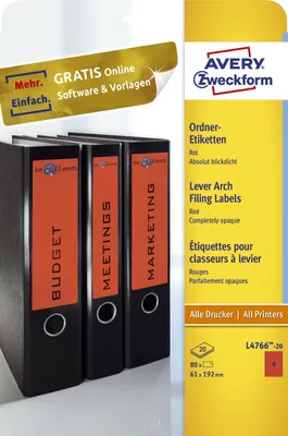 Image de Étiquettes Avery pour reliure à anneaux, rouge 192 x 61 mm (20)