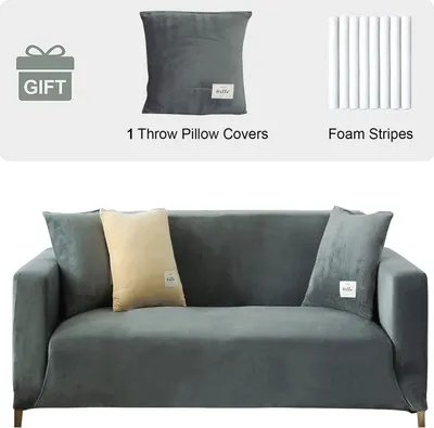 Produktbild von Samt Sofabezug 1 Sitzer- Weich Stretch Couchbezug rutschfester Sofaschutz Sofahusse Plüsch Sofa Schonbezüge mit 1 Kissenbezug für Wohnzimmer,Hellgrau,1-Sitzer