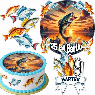 Produktbild von Zestaw Opłatek Na Tort 20Cm + 16 Postaci - Wędkarskie Rybak +Imię 15Cm 18Cm
