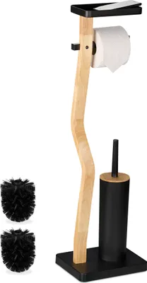 Produktbild von Relaxdays WC Garnitur, HxBxT: 80,5 x 23 x 18 cm, stehender Klopapierhalter mit Ablage & Toilettenbürste, schwarz/natur