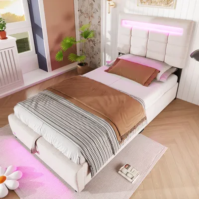 Produktbild von Merax Polsterbett 90x200 cm mit hydraulischem Stauraum, Jugendbett aus Leinen, Einzelbett mit LED-Beleuchtung, USB-Ladeanschluss & Rückenlehne, Beige