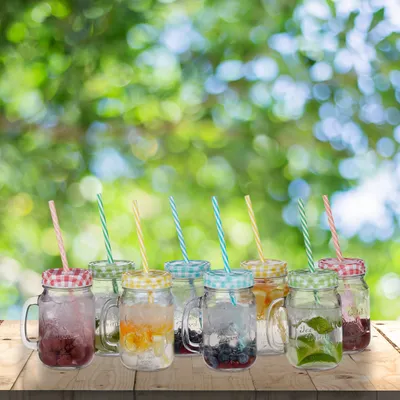 Produktbild von 48 x Trinkgläser mit Strohhalm, 400 ml, HxBXT: 13x10,5x15 cm, Deckelgläser mit Henkel, Ice Cold Drink Gläserset, bunt