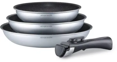Produktbild von ARTHUR MARTIN AM521S Bratpfannen-Set 3-teilig 20/24/28 cm aus Aluminium, Antihaftbeschichtung, abnehmbarer Griff, für alle Herdarten inkl. Induktion
