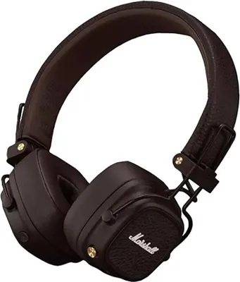 A studio shot of a pair of brown Marshall headphones.