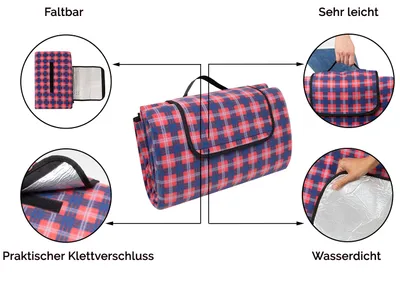 Produktbild von Picknickdecke, 200x200 cm, wasserdicht und isoliert, rot-blau-weiß-kariert