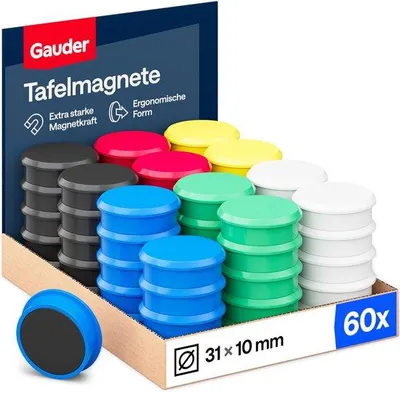 Zdjęcie produktu dla Okrągłe magnesy do tablic suchościeralnych i lodówek, 31 x 10 mm, 60 sztuk, kolorowe
