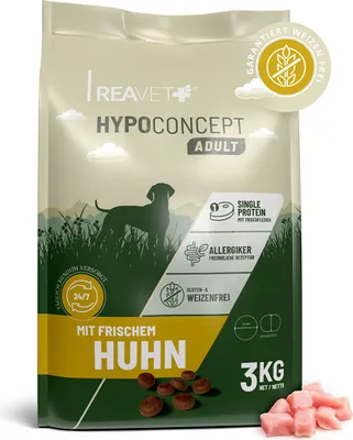 Produktbild von REAVET HYPOCONCEPT Hundetrockenfutter Huhn 3kg – Single-Protein mit Frischfleisch | Weizenfrei & ohne Zucker | Trockenfutter Adult für alle Hunde & Rassen, auch für sensible Hunde & allergikerfreundlich
