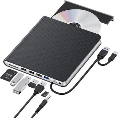 Obrázok produktu pre USB CD/DVD mechanika pre notebook – prenosný CD/DVD prehrávač – 4 USB sloty pre TF/SD karty – tenká externá CD mechanika – kompatibilná s notebookmi, stolnými počítačmi, Mac a Windows