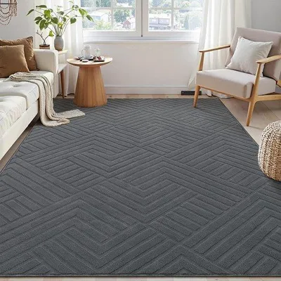 Imagen del producto de Alfombra moderna de pelo corto con diseño geométrico, base antideslizante de TPR, fácil de limpiar y lavable, ideal para salones, dormitorios y comedores