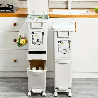 Immagine prodotto di cestino per rifiuti da cucina da 32 litri, 3 livelli ，Sistema di separazione dei rifiuti, contenitore per la raccolta differenziata salvaspazio, versione regolare, colori beige.