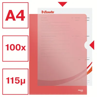 Produktbild von Esselte Sichthüllen-Set A4 Rot 100 Stück 0.115mm PP-Folie matte Oberfläche