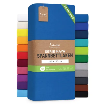 Produktbild von Lavea® Spannbettlaken 200x220 cm - Boxspringbett, Jersey, 40 cm Steghöhe, 100% Baumwolle, weich, atmungsaktiv, pflegeleicht, formstabil - Aquamarin