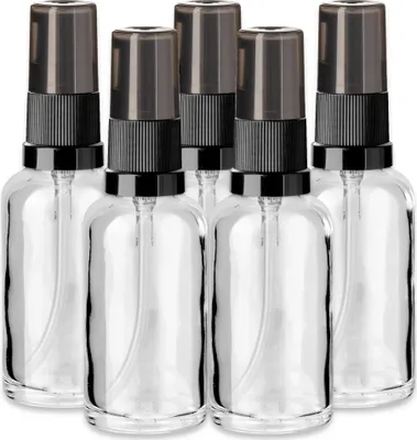 Produktbild von 5x Klare Glasflasche 30 ml mit schwarzer Pumpe leere Kosmetikflasche